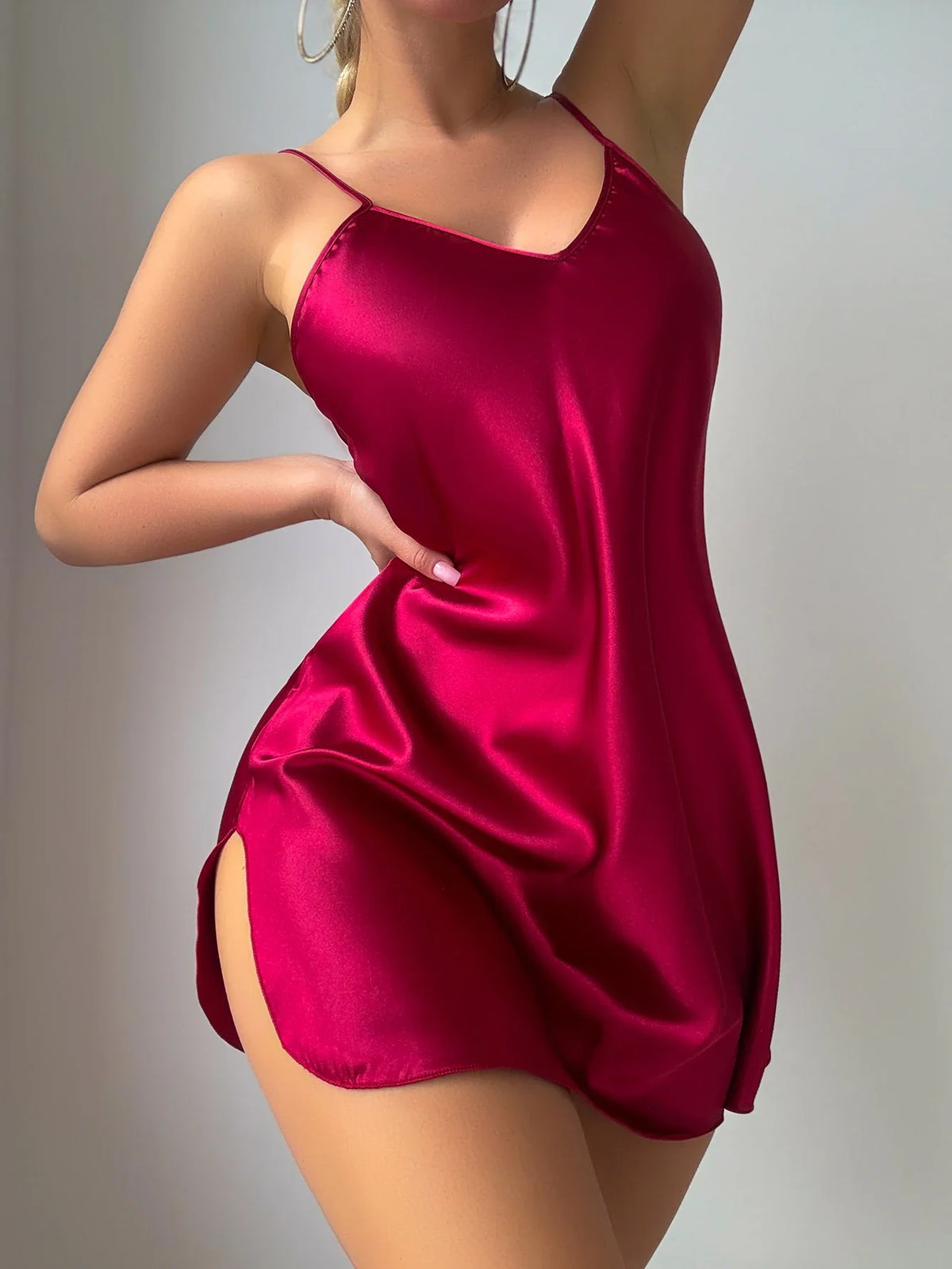 Women Satin Sexy Nightdress V Neck Solid Color Thin Sleep Dress Elegant Breathable Ladies Pajamas Ladies&