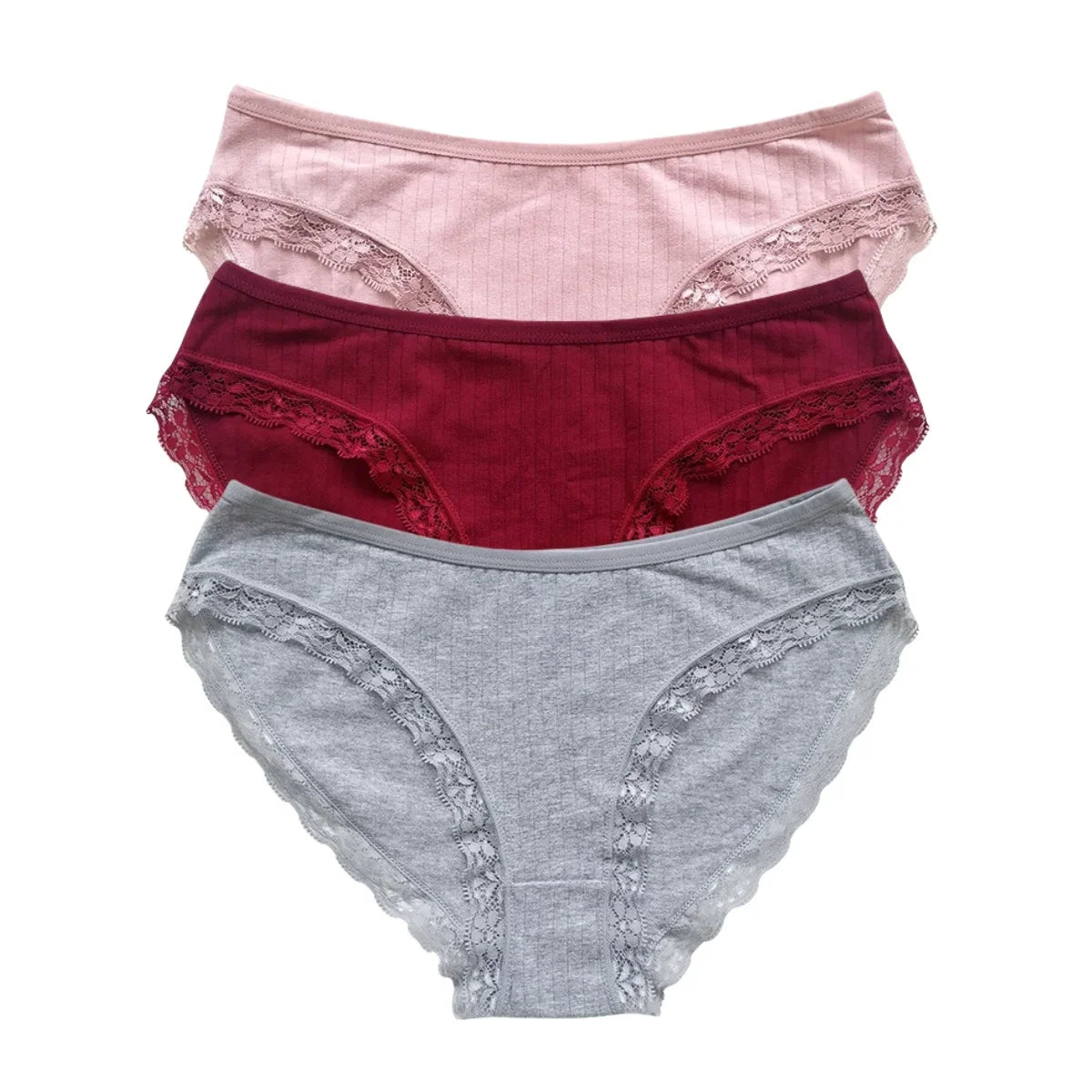 3Pcs/Set Cotton Panties Women Lace Trim Briefs Female Underpants Solid Color Soft Underwear Sexy Lingerie Intimates M-XL