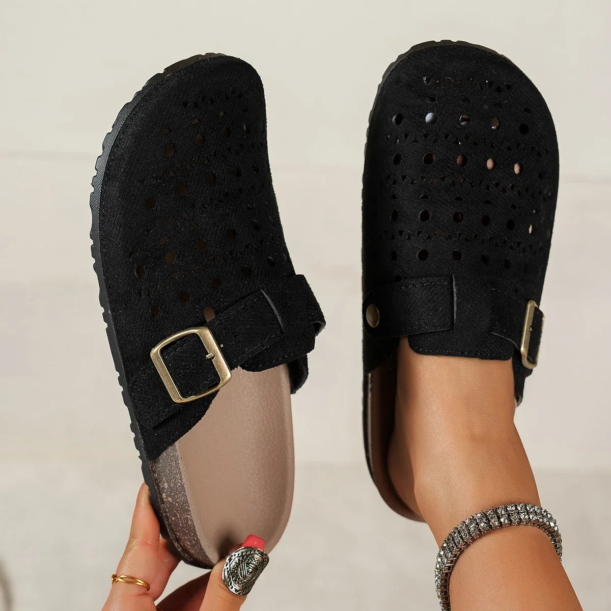 Women Hollow Out Clogs Slippers Perforated Cork Sole Flat Mules Buckle Closed Toe Breathable Indoor Outdoor Summer Shoes