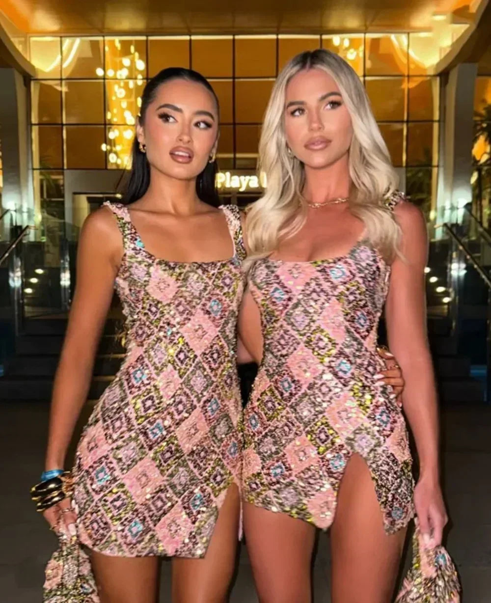 Colorful Rhombus Sequins Sexy Mini Dress Elegant Chic Straps Slit Bodycon Party Dresses Summer Holidays Evening Women Dress 2025