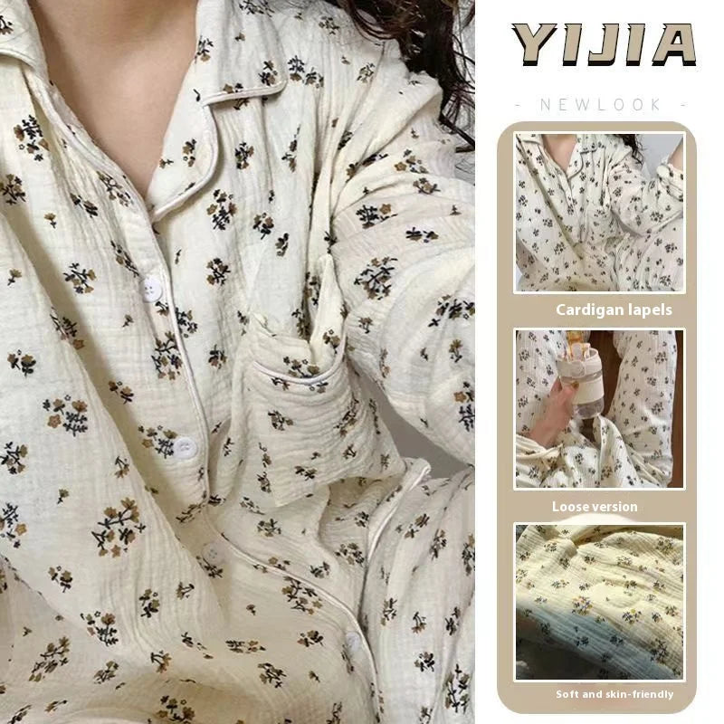 Spring New Long-Sleeved Pajamas Female Rustic Style Floral Imitation Cotton Wrinkled Cloth Loose Girls Sweet Pajamas Homewear Se