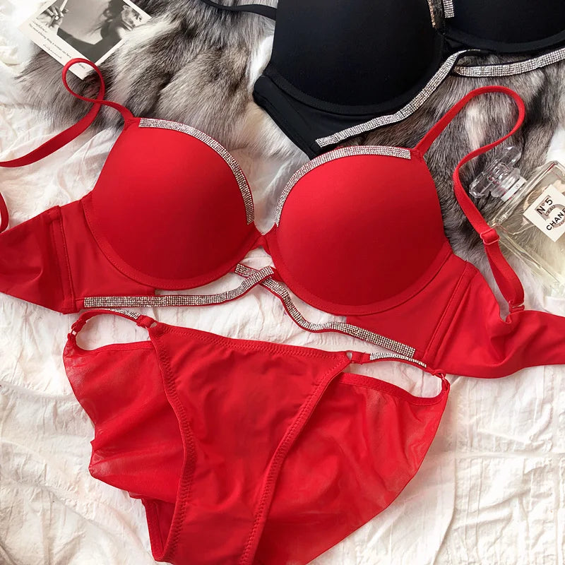 Sexy Women Underwear Set Cross Hollow Bra Fashion Rhinestones Cup Solid Color Push Up Brassiere Deep V Lingerie 2 Pieces Set
