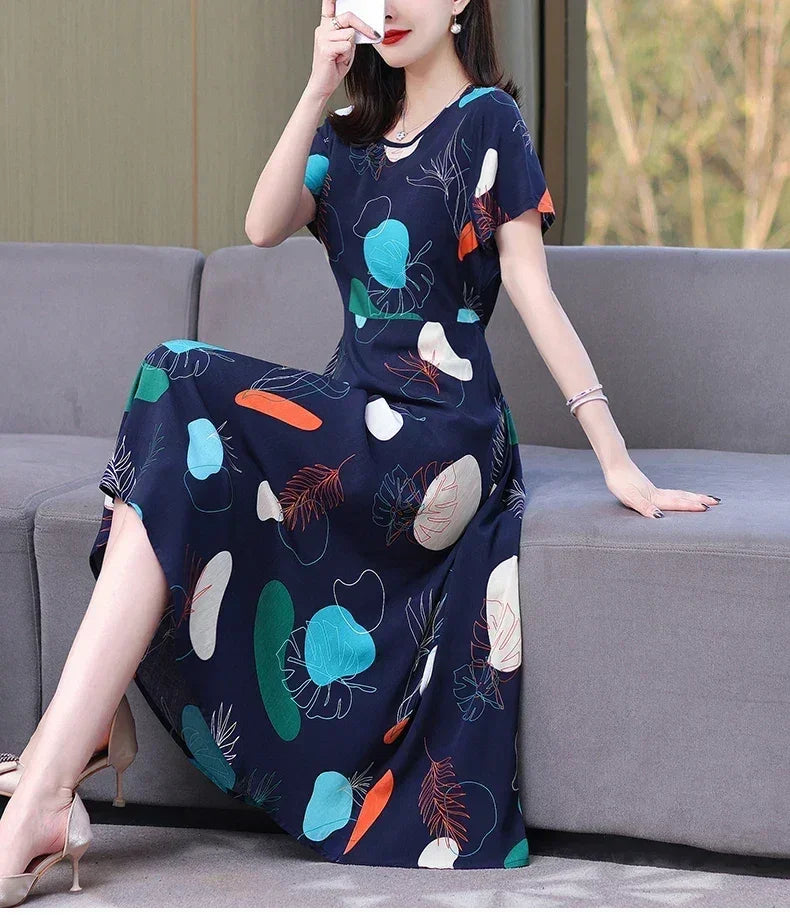 New Fashion Casual 2024 Summer Elegant Dresses For Women O-Neck Print Vintage Short Sleeve Dress Loose Women Clothing