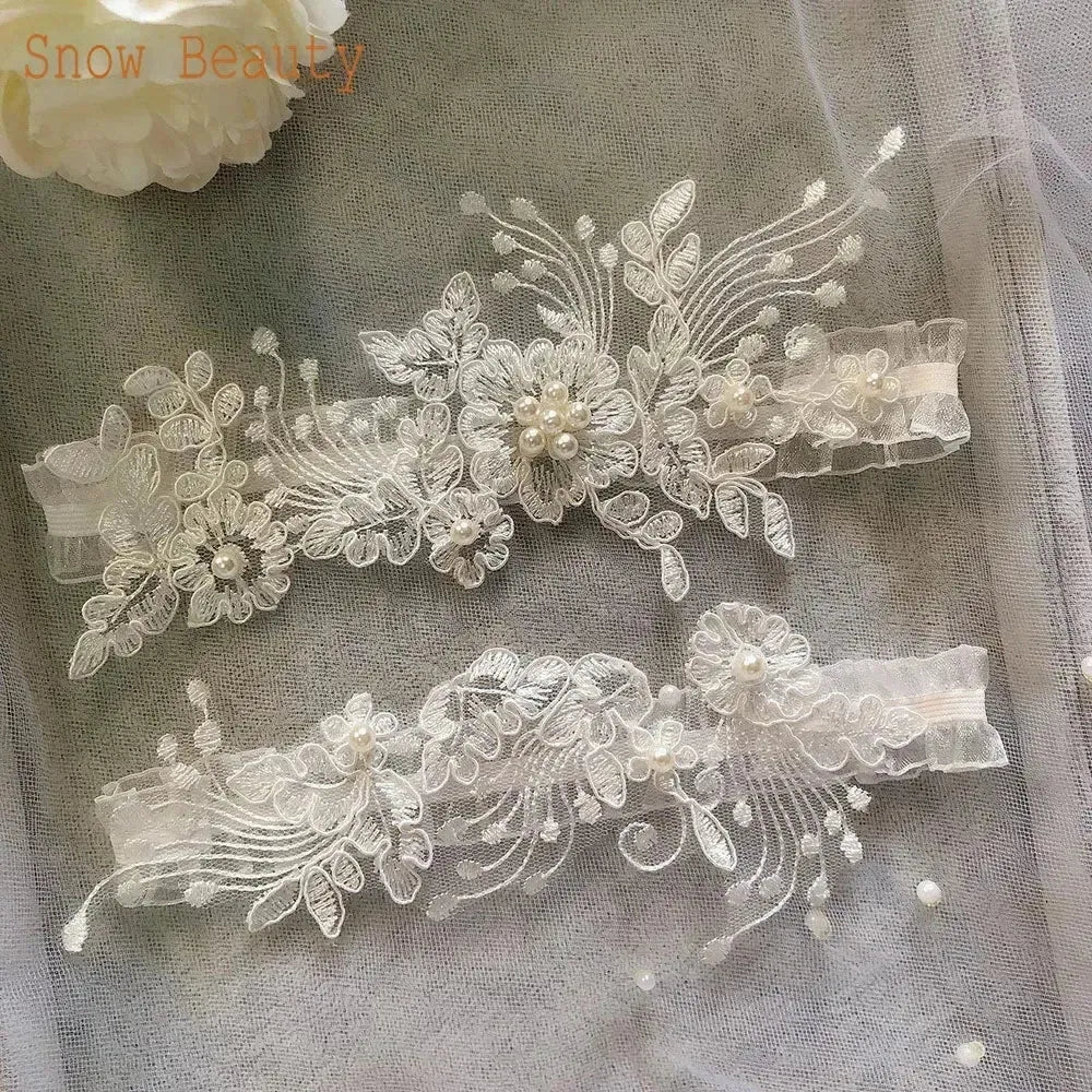 K03 2 PCS Sexy Lace Flower Crystal Pearls Wedding Garter Belt Thigh Ring Bridal Leg Garter Stocking Garter Belt Girl Women