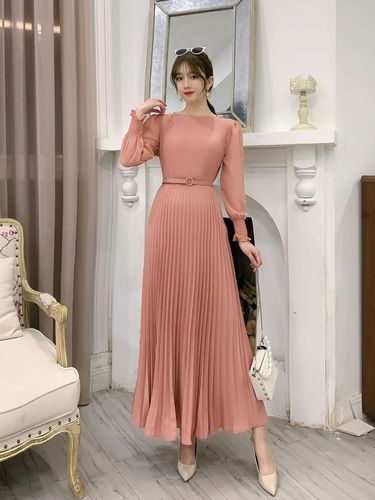 O-neck Long Sleeve A-line Dress Office Lady Pleated Maxi Dress