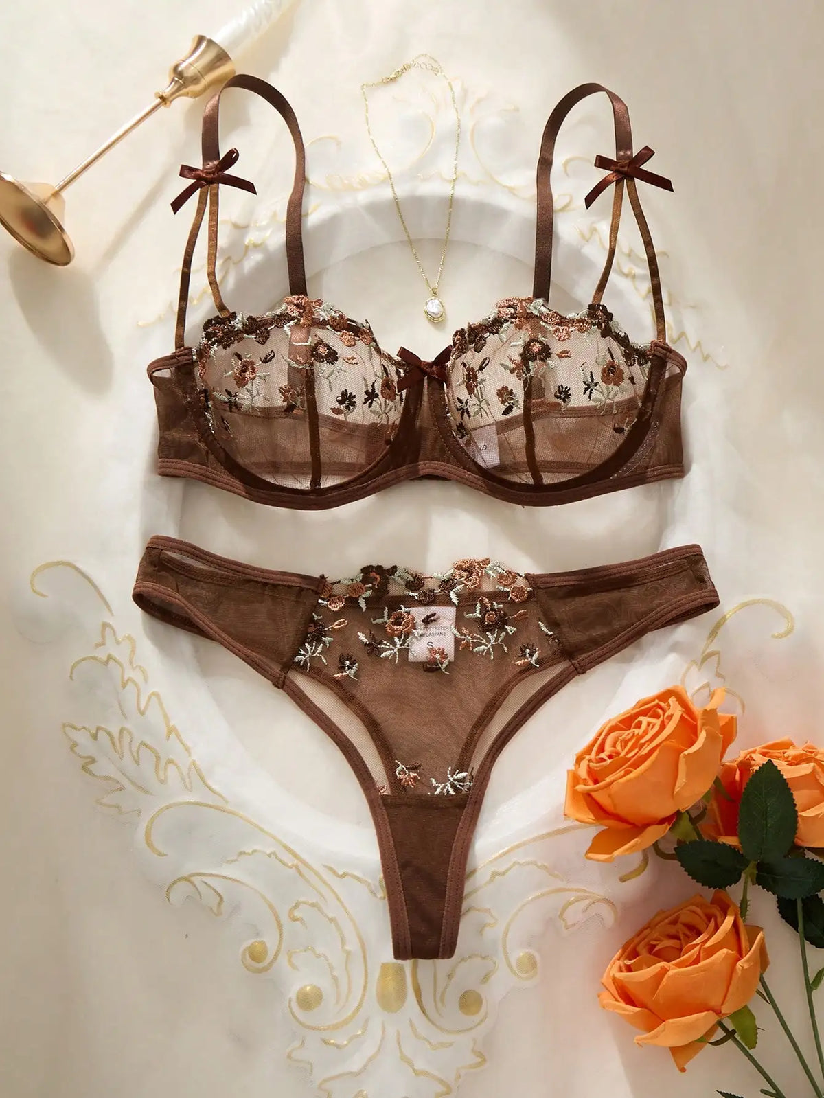 Night Beautiful Sexy Women 2 Piece floral Embroidery Underwear Sexy Erotic lingerie underwear Set