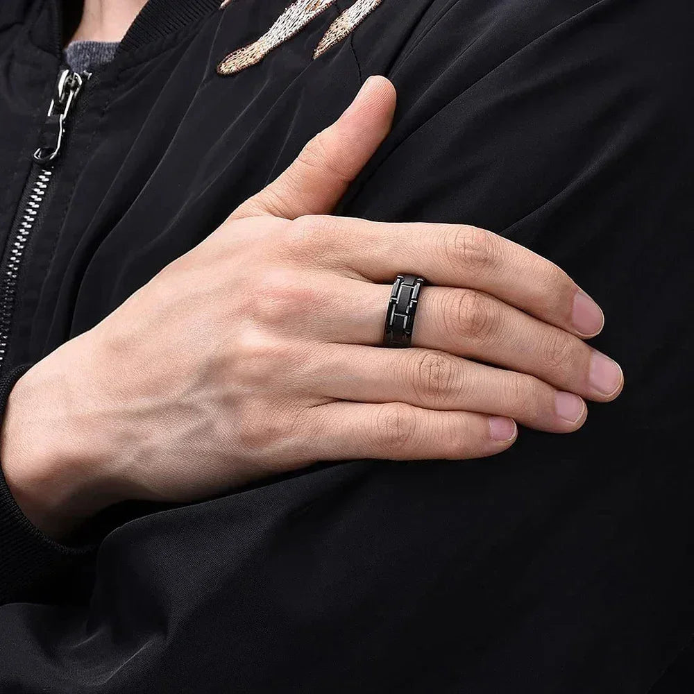 Fashion Men 8MM Stainless Steel Ring Black Color Brushed Double Groove Pattern Men&