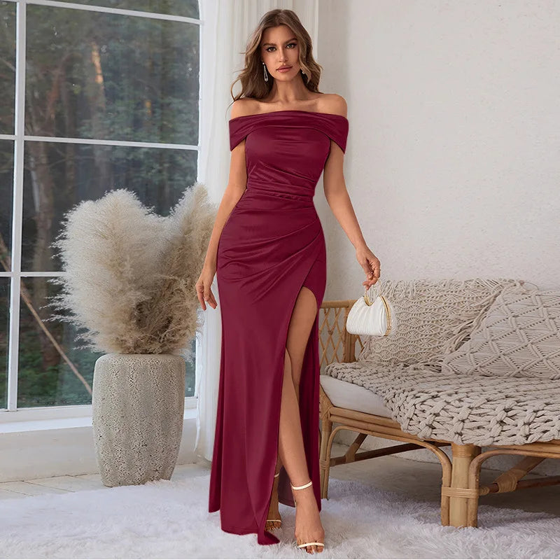 Elegant Satin Solid Color Off-Shoulder Women&