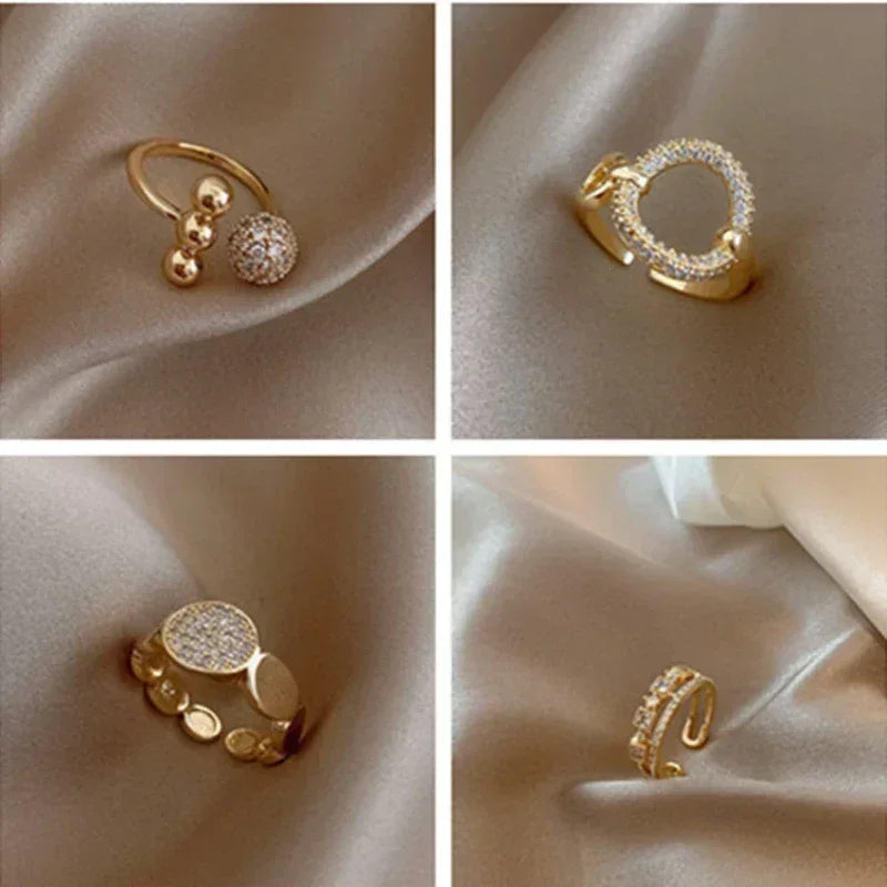 Light Luxury Gold Plated Leaf Opening Ring Exquisite Geometric Beehive Zircon Index Finger Ring Trend Wedding Party Jewelry Gift