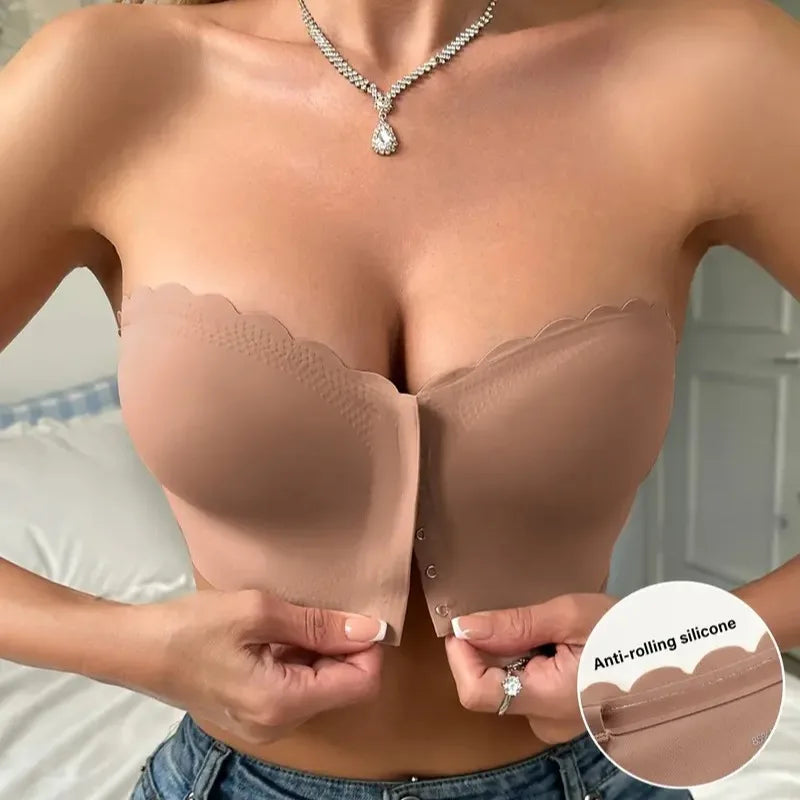 Solid Seamless Strapless Front Closure Wireless Strapless Bra, Sexy Comfy Push Up Bra, Women&