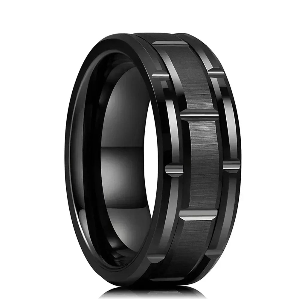 Fashion Men 8MM Stainless Steel Ring Black Color Brushed Double Groove Pattern Men&