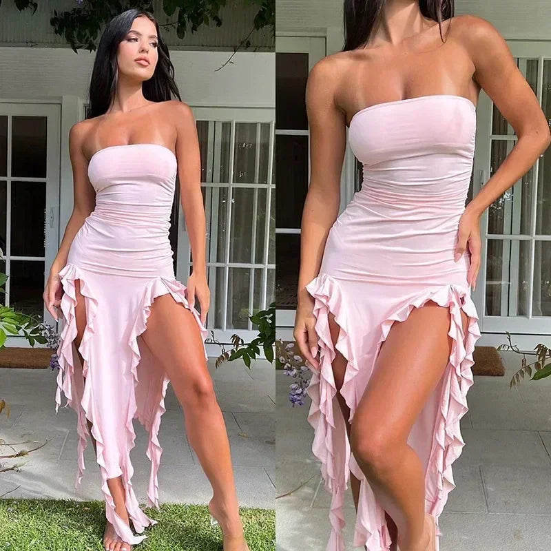 Cryptographic Irregular Ruffle Off Shoulder Sexy Backless Midi Dress for Women Elegant Birthday Vestido Summer Sundresses Ruched