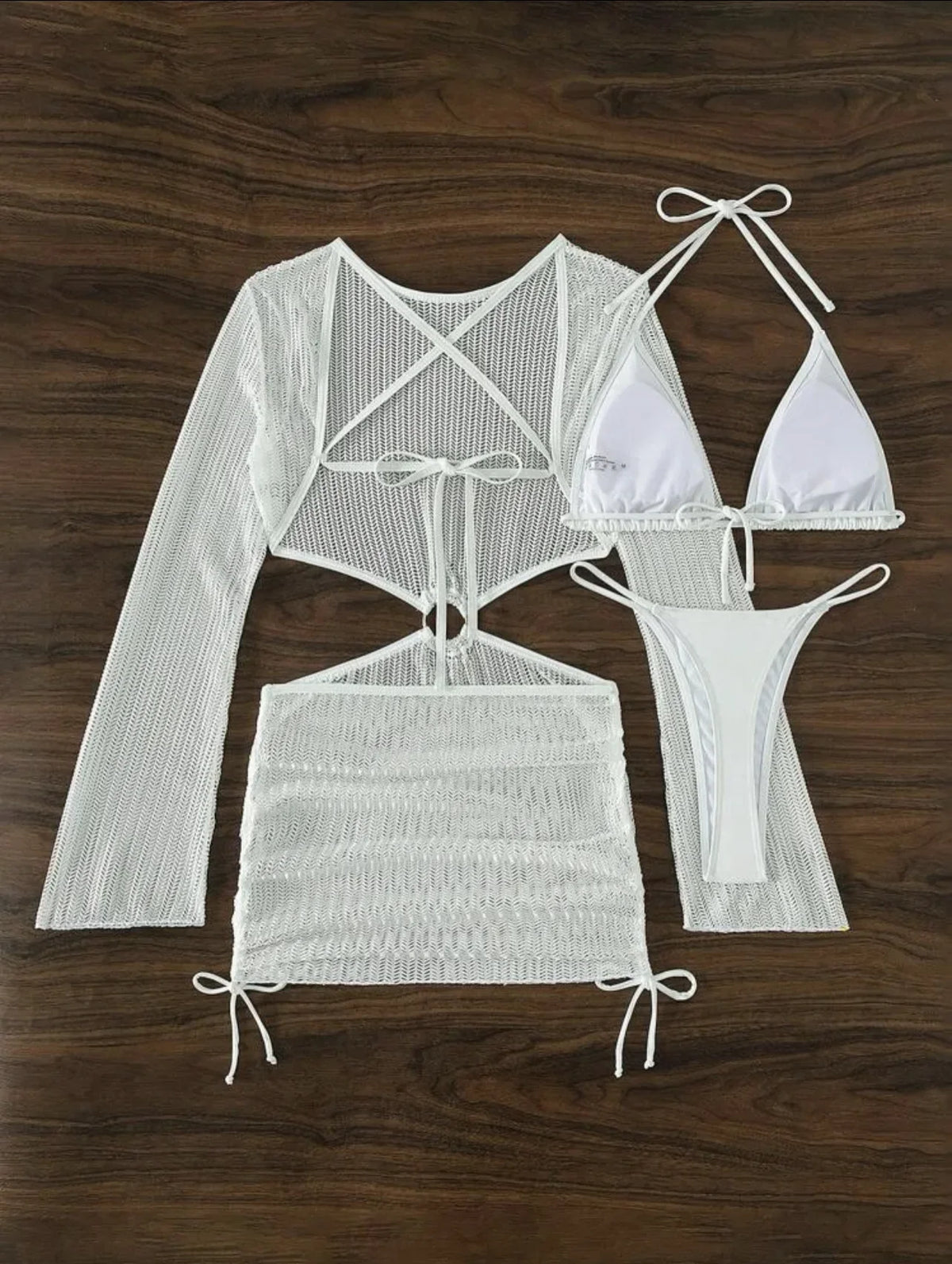 Women micro mini halter bikinis sets 3pcs with knitted long sleeve hollow out mini dress swimsuit bathing suit beach outfits
