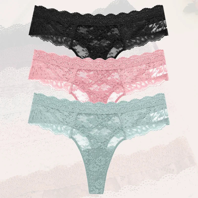 3-Piece Lace Thong Panties for Women – Seamless, Low-Rise Lingerie
