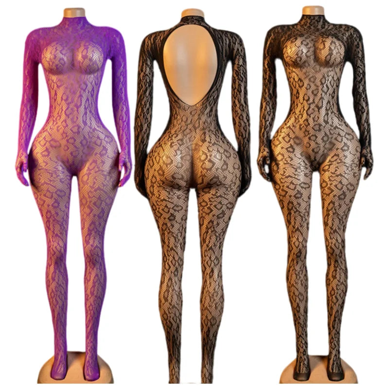 Hot Sexy Lingerie Erotic Crotchless Women Mesh Hollow Bodystockings Full Sleeve Leopard Sling Hanging Neck Underwear Body Suits