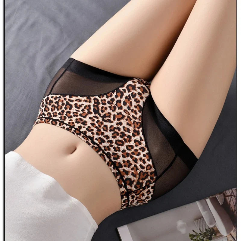 High Waist Women Panties L-4XL Plus Size Seamless Ice Silk Underwear Summer Mesh Breathable Butt Lifter Briefs Leopard Panty