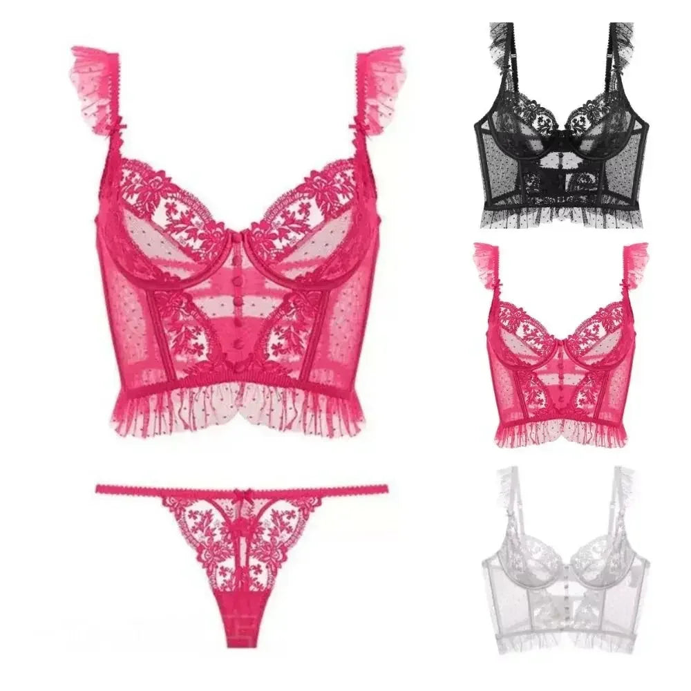 Fashion Comfortable Lace Lingerie with Steel Ring Wrapped Chest Top Bra and Panty Set Sexy Intimates Supply Underwire Female