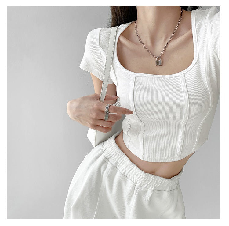 Vintaege Y2K Tops Women Summer Square Collar Short Sleeve T-shirt Fishbone Line Slim Crop