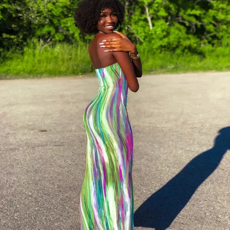 Spring And Summer Dresses For Women Chest Wrap Printed Off Shoulder Bandage Slim Sexy Long Dress 2023 New Fashion party MsChuh