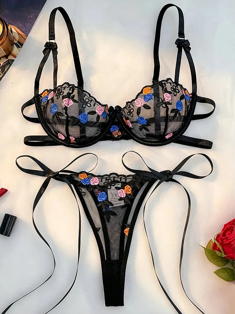 Rose Embroidery Lingerie Set Sexy Women&