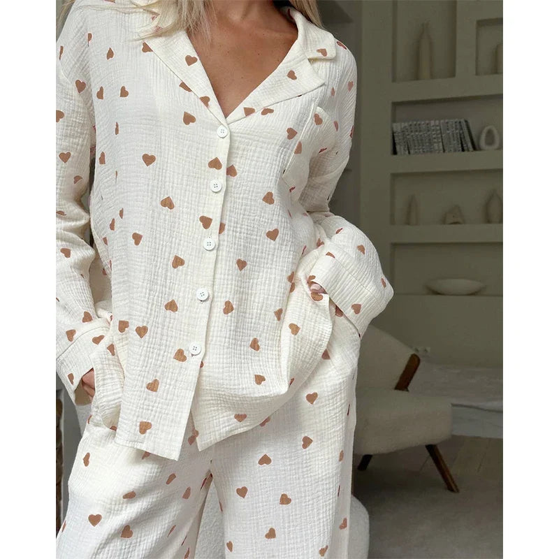 Summer New Love Heart Print Pyjama 100% Cotton Long Sleeve Set 2Pcs Outfit Lapel Sleepwear Button Down Women&