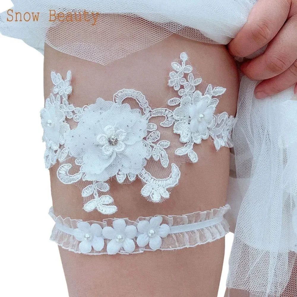 K03 2 PCS Sexy Lace Flower Crystal Pearls Wedding Garter Belt Thigh Ring Bridal Leg Garter Stocking Garter Belt Girl Women