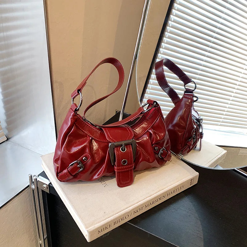 HEONYIRRY Maillard Style Retro Small Bag Spicy Girl Y2K Wasteland Vintage Leather Shoulder Armpit Bag - Zipper Closure
