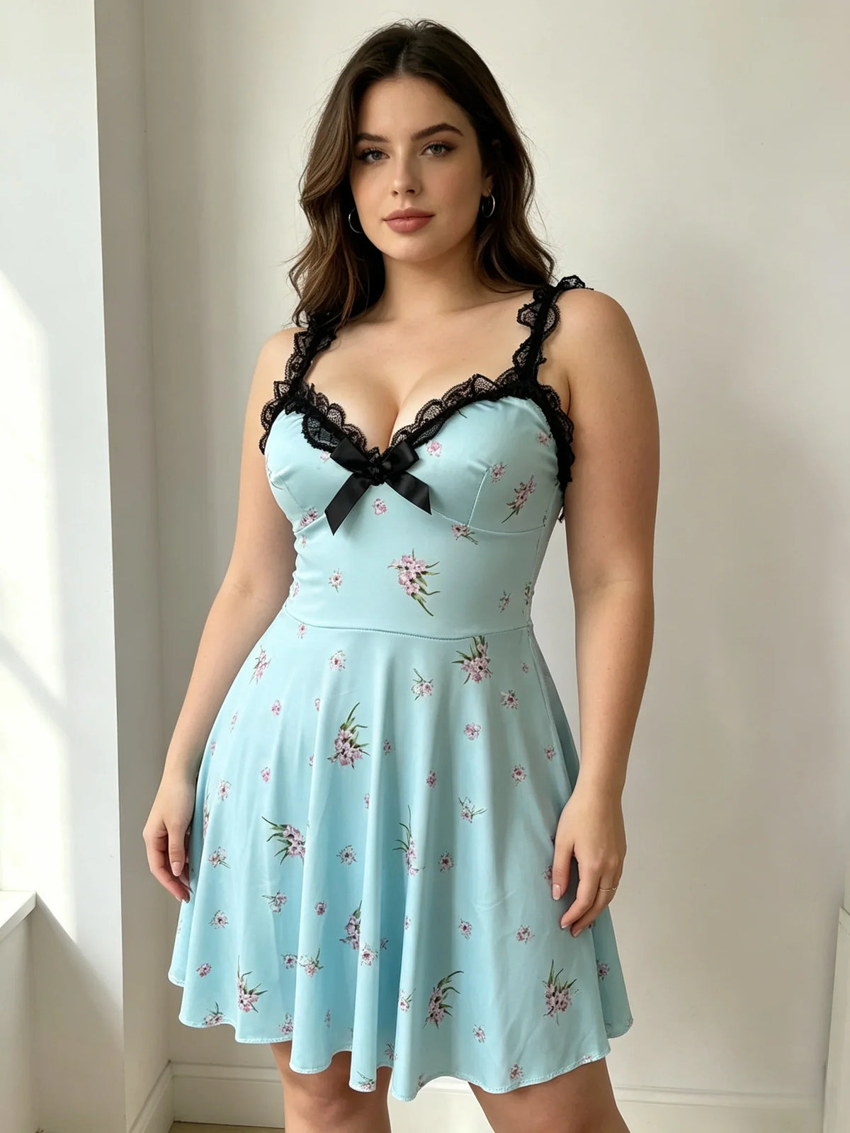 European and American large size elastic body-hugging halter neck sleep dress, blue, floral pattern, lace trim, women&