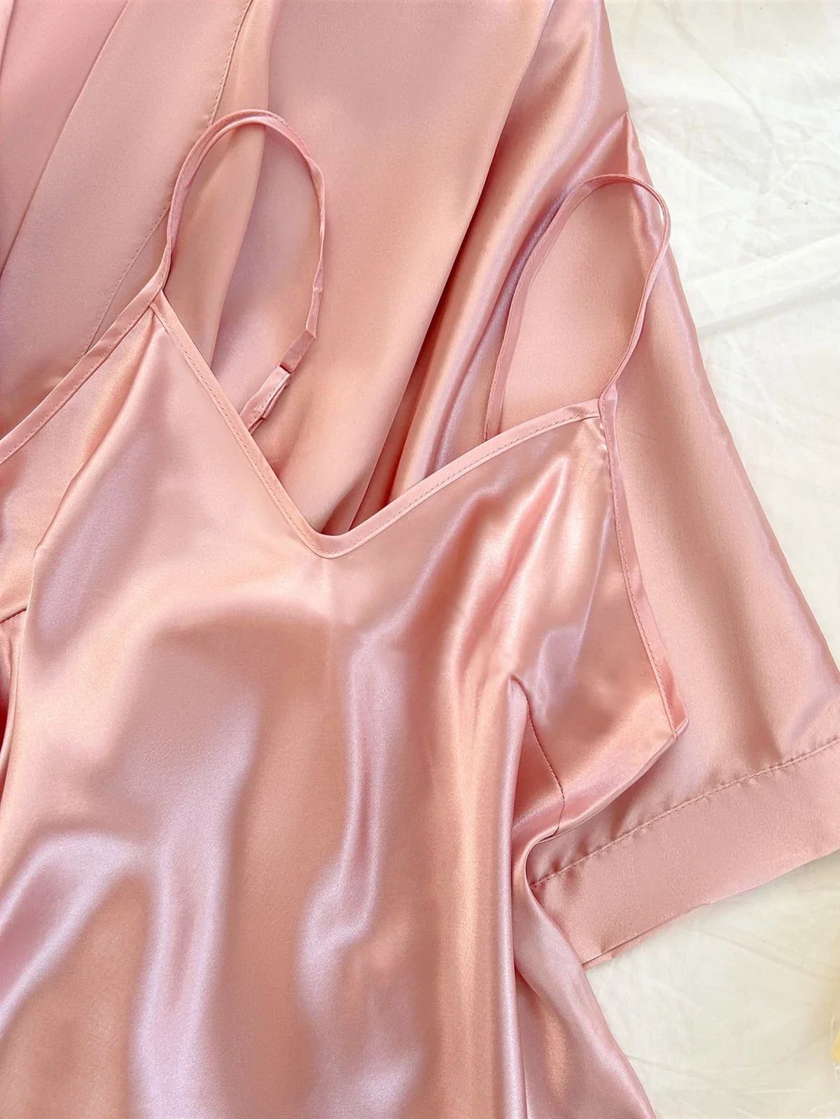 Elegant Solid Satin 4 Pcs Pajamas Set Women Belt Robe V Neck Top Ruffle Hem Shorts And Long Pants Luxury Ladies Night Suit