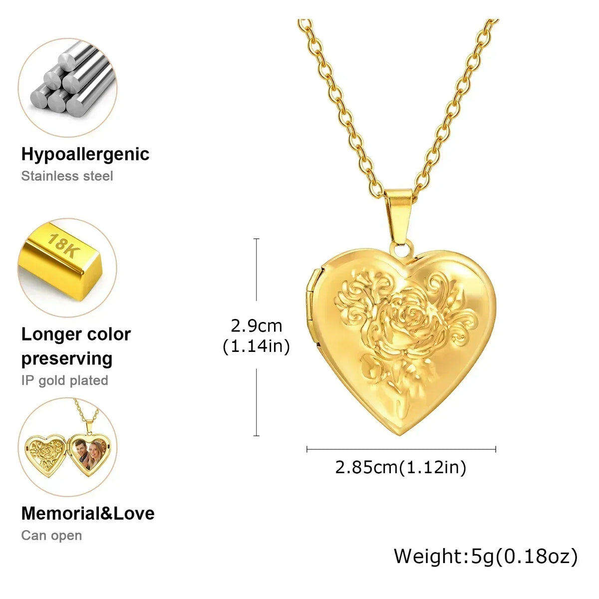 Vnox Stainless Steel Heart Locket Necklace Pendant with Photo Frame, Elegant Gold Plated Design Womens Gift