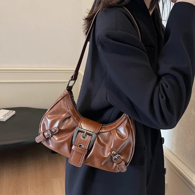 Dawndesslo Y2K Retro Pleated Hobo Shoulder Bag - Saddle-Style PU Leather for Travel and Everyday Use
