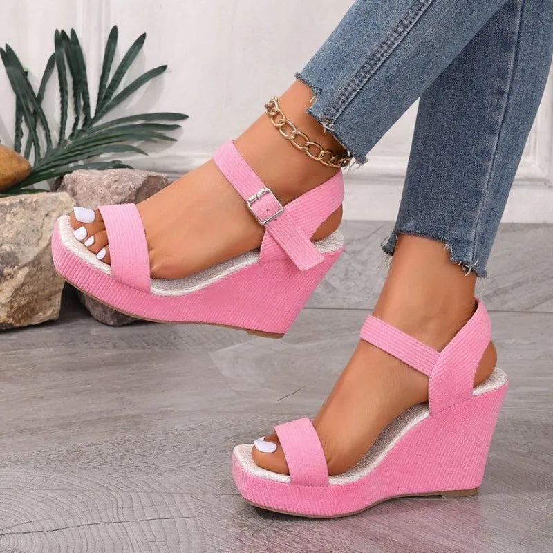 2026 New Platform Wedge Sandals Solid Color Round Headed Square Buckle High-heeled Sandals