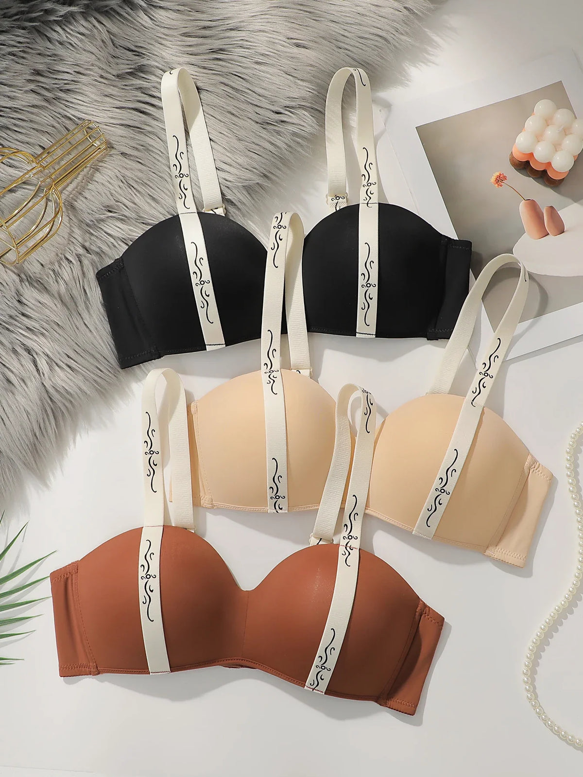 3Pcs Women Wireless Seamless Bra Contrast Printed Wide Straps Back Closure Smooth Everyday Underwear B3054