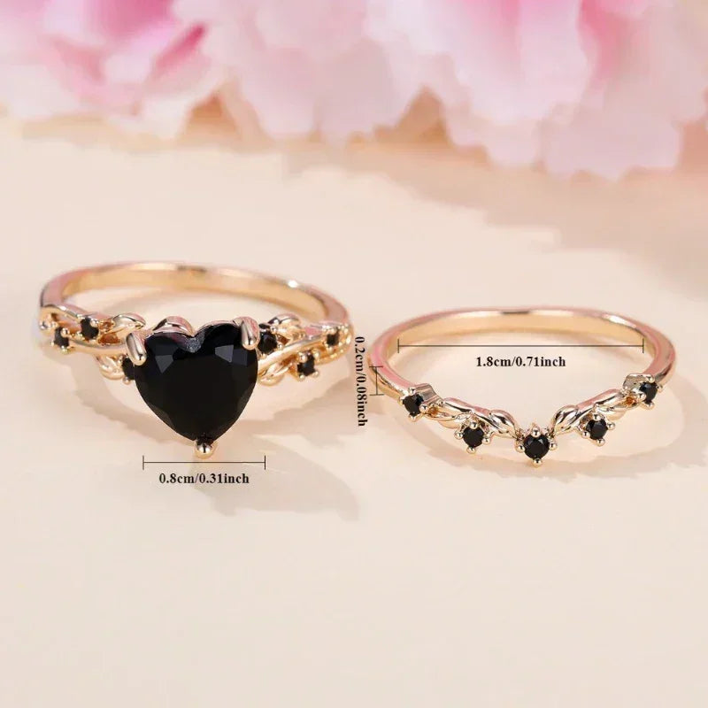 Heart Shaped Ring Set Green Black Red Stone Heart Ring Sets for Women Rose Gold Color White Zircon Wedding Bands Jewelry