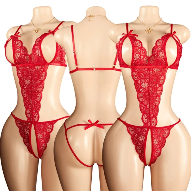 Sexy Red Crotchless Lingerie Open Back Bras BodySuits Transparent Erotic Costumes Deep V Sexy Lace Fishnet Hollow Underwear Set
