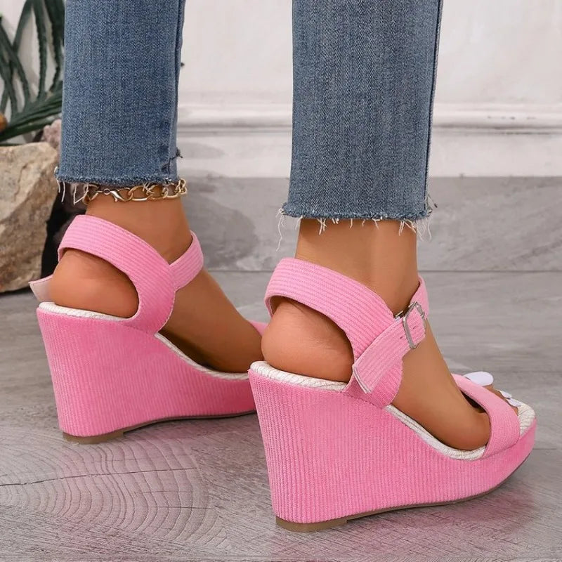 2026 New Platform Wedge Sandals Solid Color Round Headed Square Buckle High-heeled Sandals