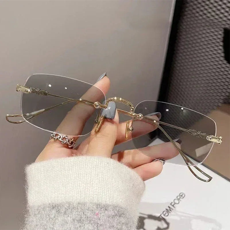 New Fashion Photochromic Myopia Glasses Vintage Rimless Square Women Men Anti Blue Light UV Sunglasses Optical Diopter Eyewear