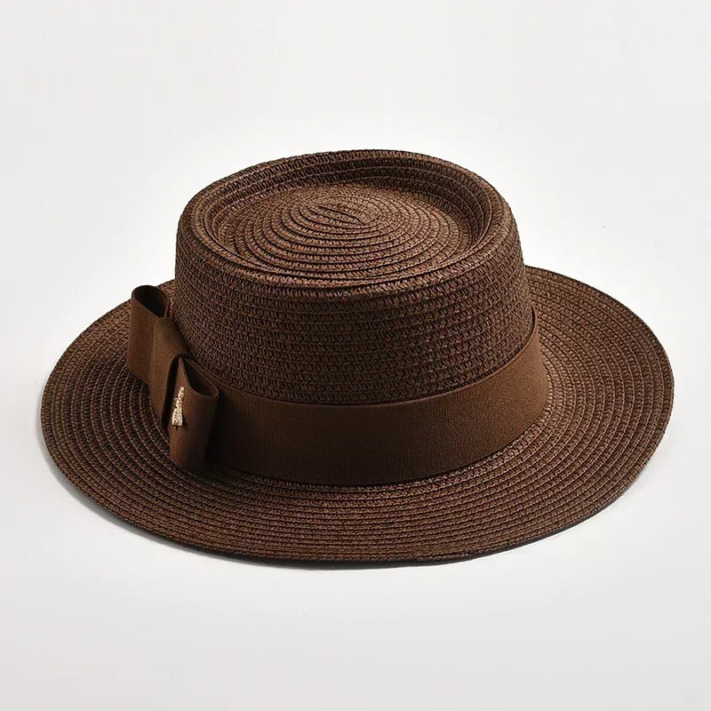 NEW Spring Summer Straw Hats for Women Round Bumpy Surface Flat Top Bowknot Dress Cap Travel Beach Sun Hat Gorra