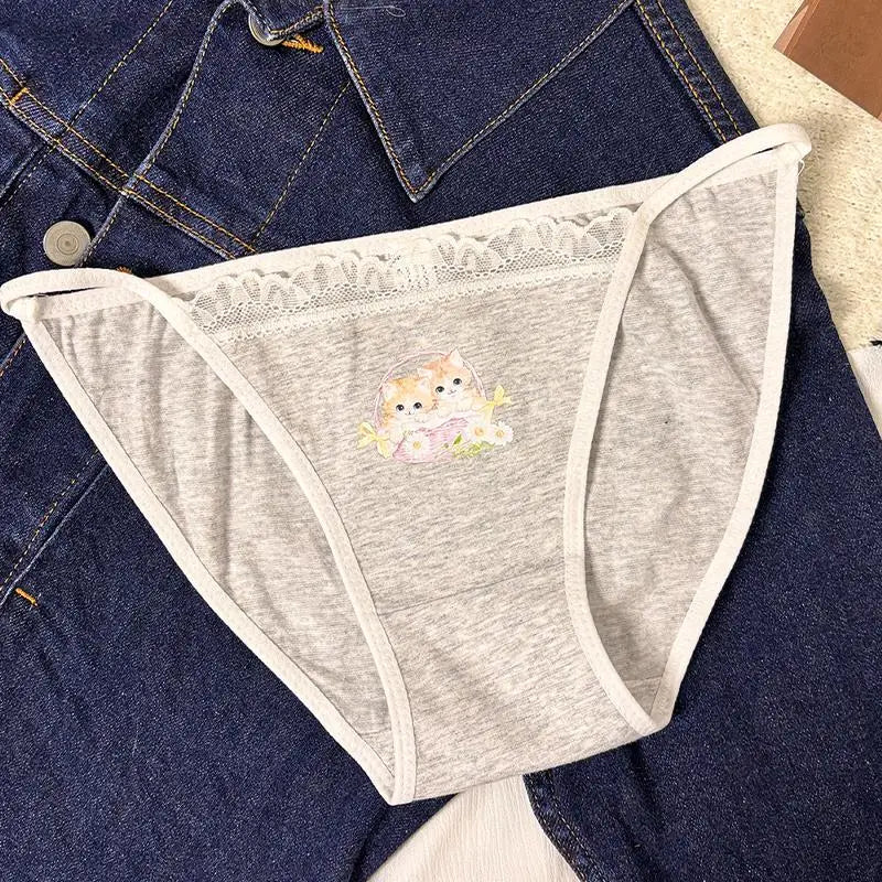 Cotton Girls Panties Cute Cat Sexy Japanese Lace Women Briefs Lady Thong Underwear G String Female Low Waist Lingerie