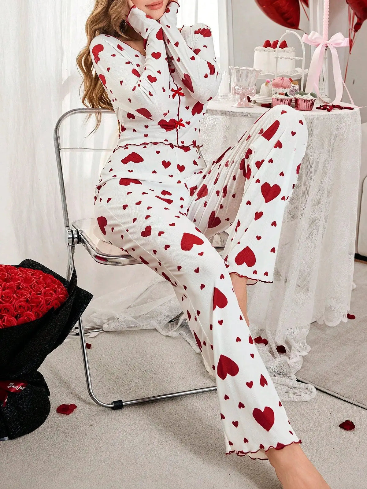 Autumn Winter 2 Pieces Pajamas Sets for Women Sleepwear Heart Print Long Sleeve Tops with Long Pants Trouser Set Pyjamas