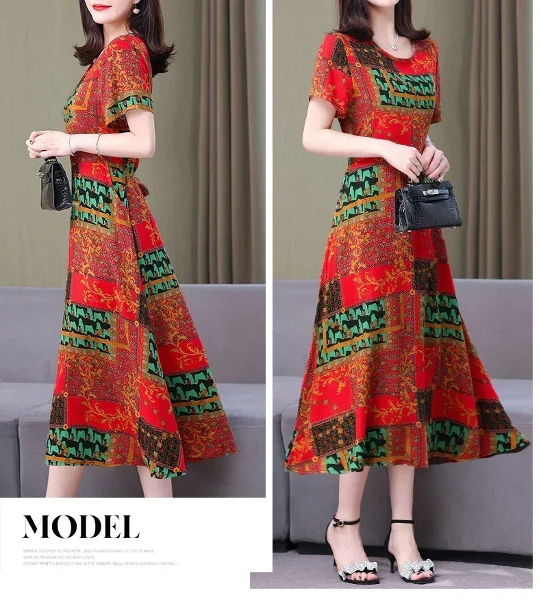 New Fashion Casual 2024 Summer Elegant Dresses For Women O-Neck Print Vintage Short Sleeve Dress Loose Women Clothing