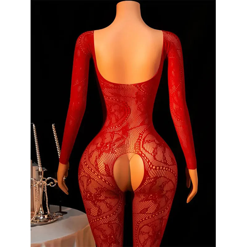 Hot Sexy Lingerie Erotic Crotchless Women Mesh Hollow Bodystockings Full Sleeve Leopard Sling Hanging Neck Underwear Body Suits