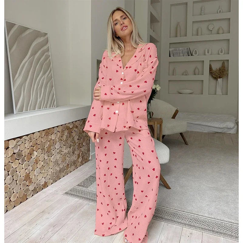 Summer New Love Heart Print Pyjama 100% Cotton Long Sleeve Set 2Pcs Outfit Lapel Sleepwear Button Down Women&