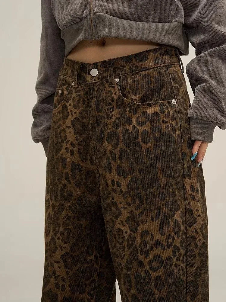 Leopard Print Y2k Jeans Women Oversized Wide Leg Denim Trousers Streetwear