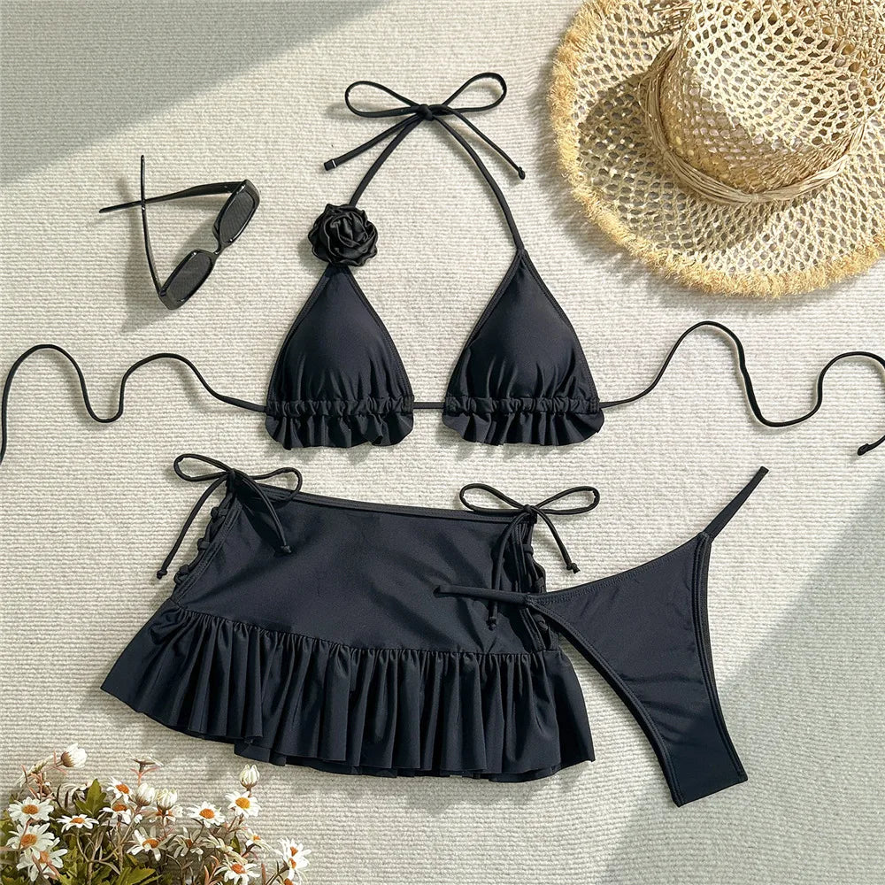 Solid White 3D Flower 3 Piece Bikini Set Skirts Mini Skirts Cover Ups Sexy Swimsuit Women 2025 Swimsuit Beachwear Thong Bikini