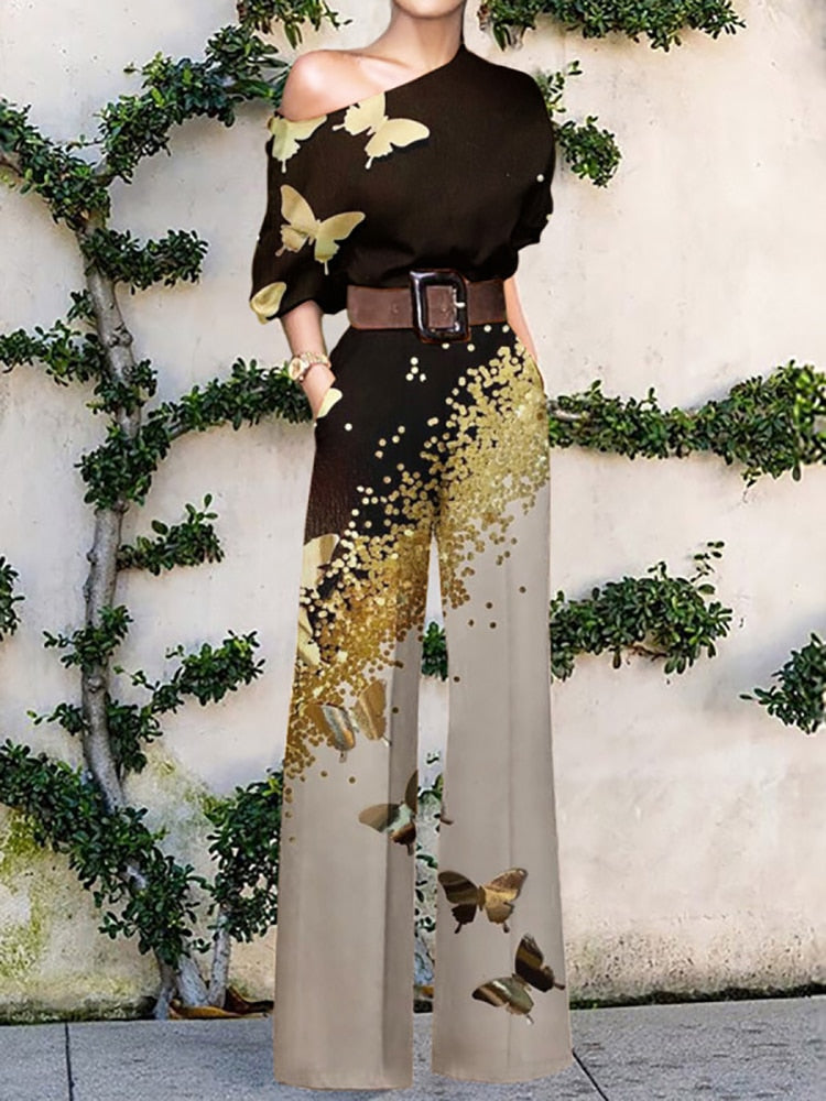 2022 Summer Pattern Print Jumpsuit Off Shoulder Romper Women Wide Leg Pant Playsuit