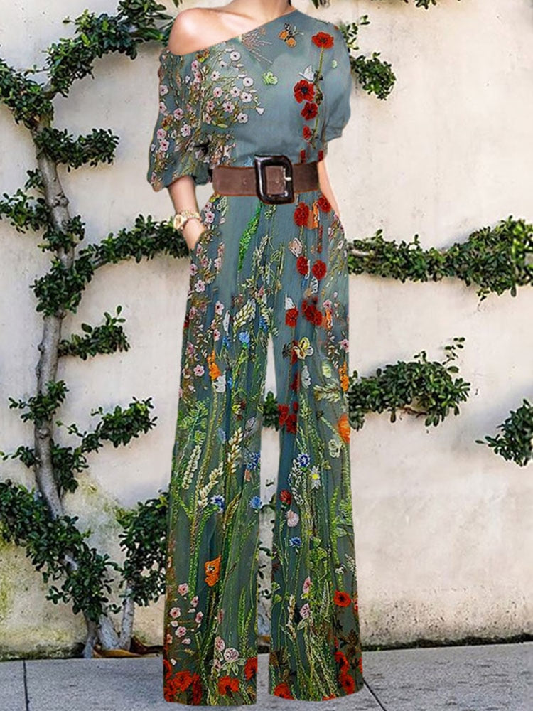 2022 Summer Pattern Print Jumpsuit Off Shoulder Romper Women Wide Leg Pant Playsuit