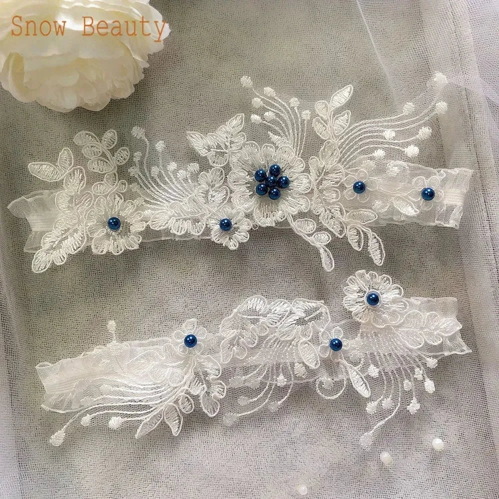 K03 2 PCS Sexy Lace Flower Crystal Pearls Wedding Garter Belt Thigh Ring Bridal Leg Garter Stocking Garter Belt Girl Women