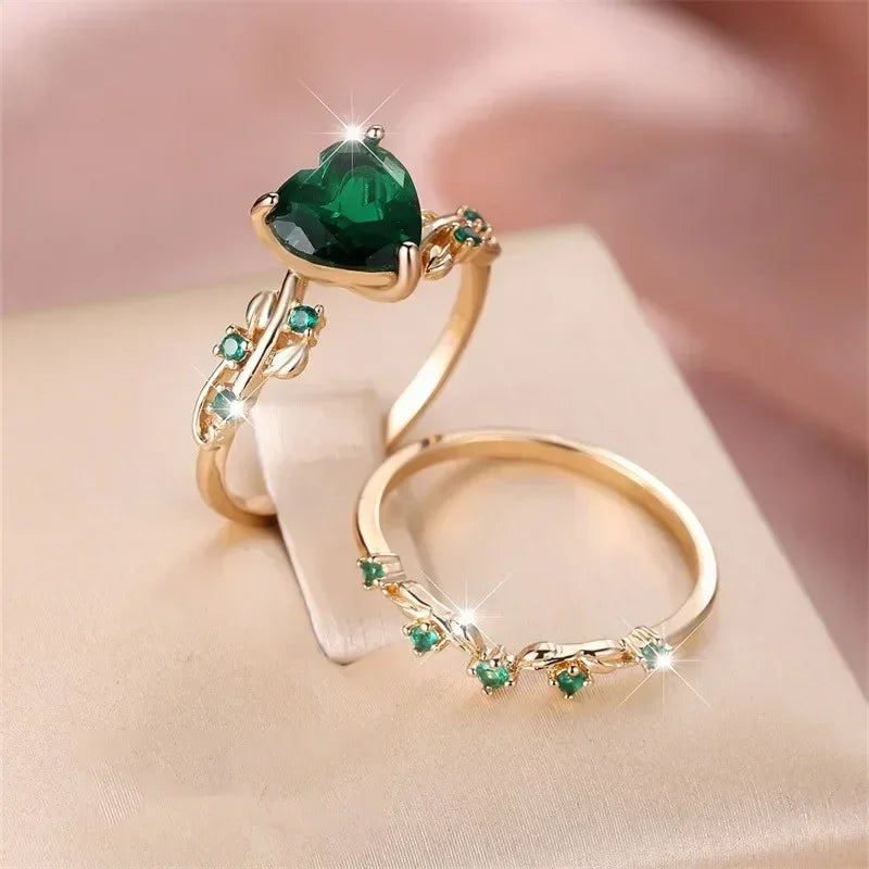 Heart Shaped Ring Set Green Black Red Stone Heart Ring Sets for Women Rose Gold Color White Zircon Wedding Bands Jewelry