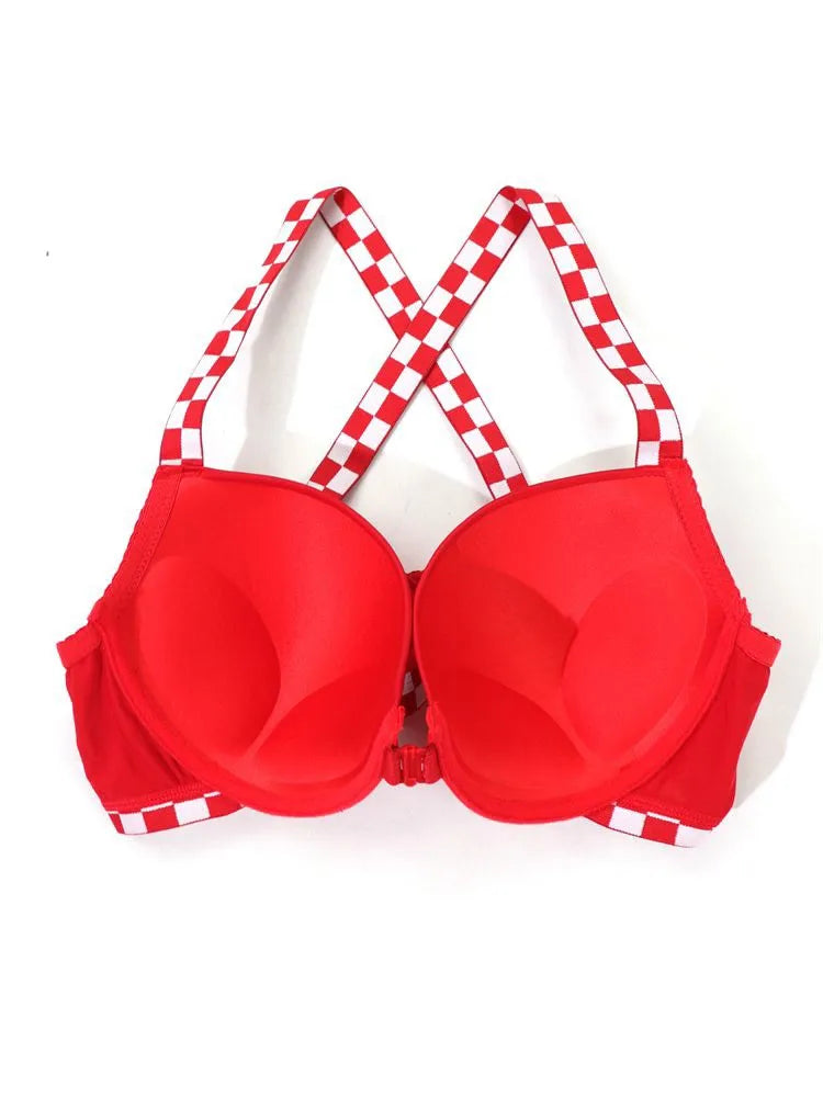 Beauwear Contrast Color Plaid Bras for Women Front Closure Bra with Wire Push Up Bra with Pad